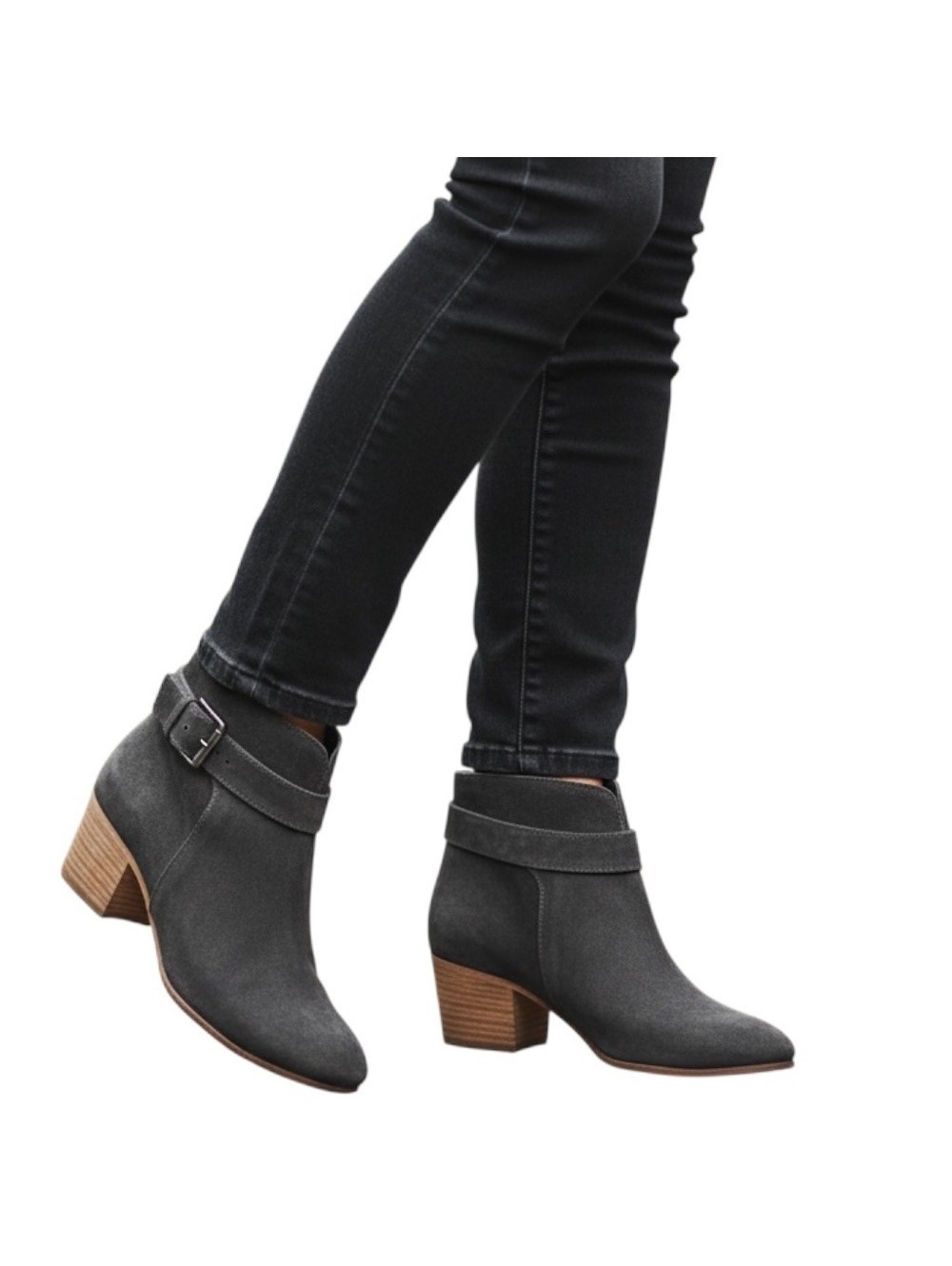 Vince Suede Ankle Boots Block Heel Buckle Detail Dark Gray Women's Size 6.5M
